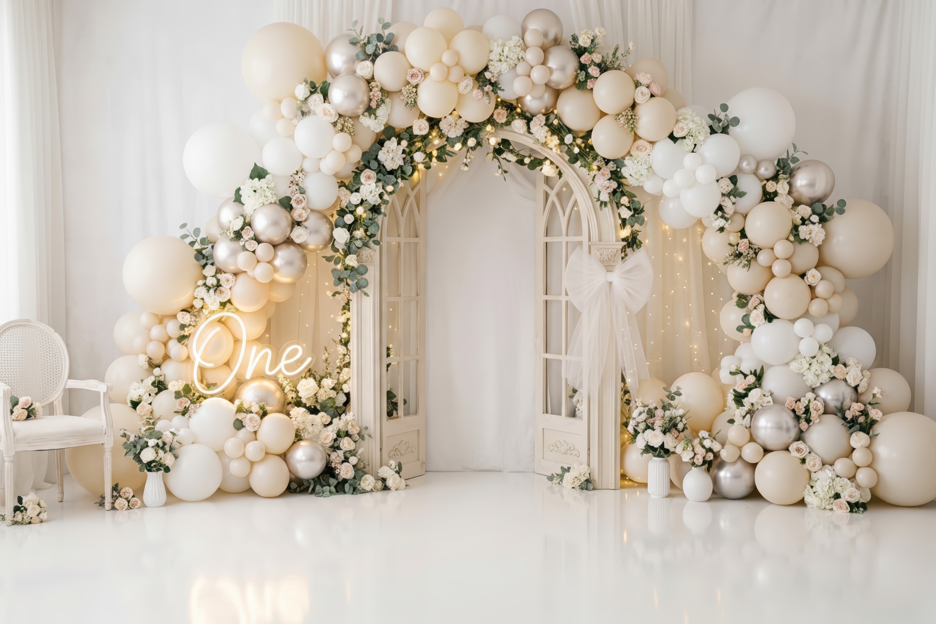 White balloons birthday backdrop